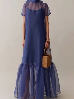 Sheer Overlay Maxi Dress in Blue